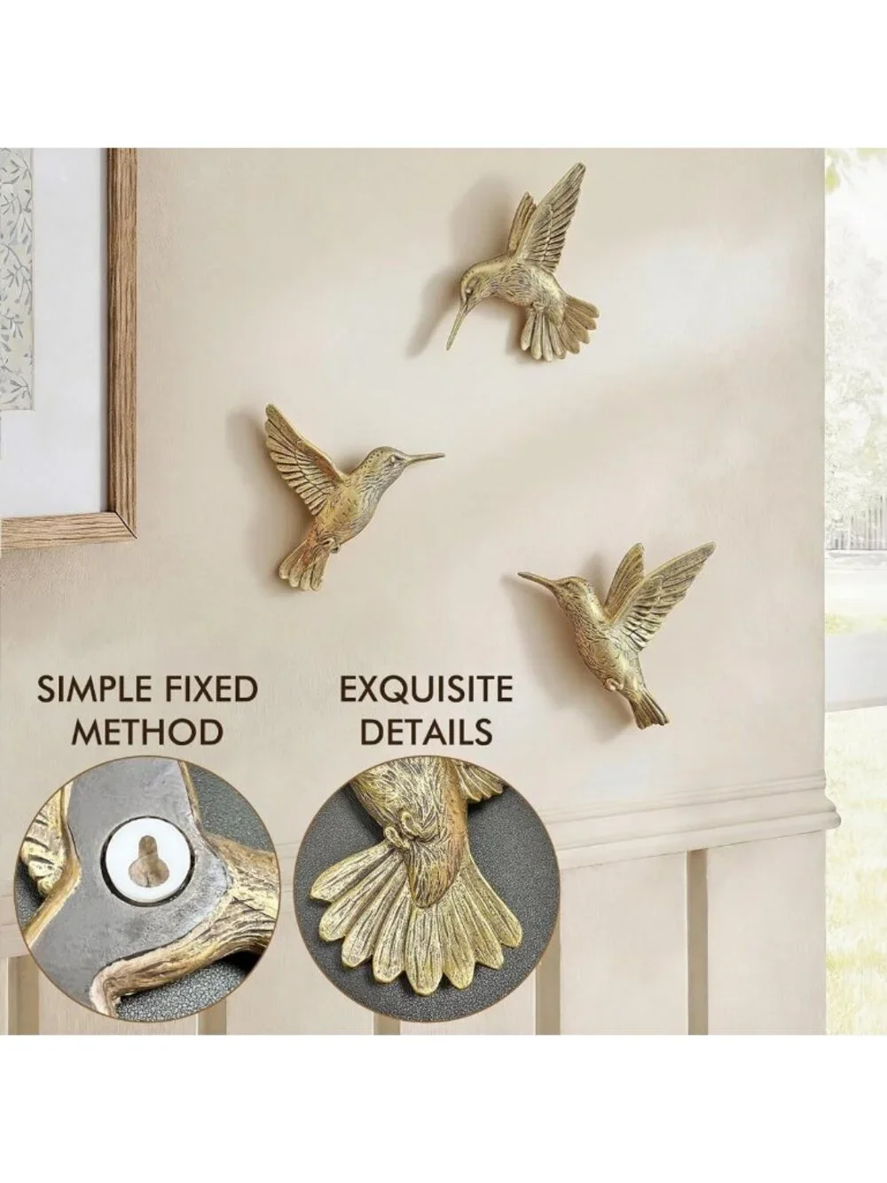 3D Hummingbird Wall Decor Set - Vintage Gold Brass Resin Birds for Living Room